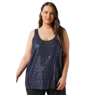 Image of EVANS Curve Blue Sequin Embellished Vest Top Women&#039;s Plus Size
