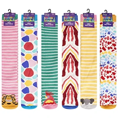 Image of Soxy Boys Girls Design Wellington Boot Socks 6 Pack Children Welly Festival Walking Hiking Thermal Multi Jungle Designs UK Shoe Size 9 12