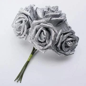 Image of Young21 7Pcs Artificial Bouquet Glitter Foam Flowers Wedding Bridal Party Decor Diy Rose Silver