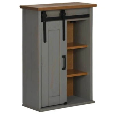 Image of vidaXL HALDEN Hanging Wall Cabinet with Sliding Door Solid Pine Wood Grey 49x22.5x70cm Ideal for Kitchen, Bathroom, Living Room