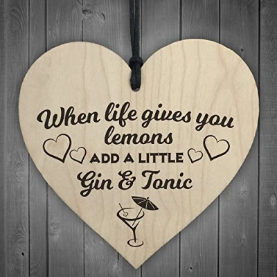 Image of RED OCEAN Life Gives Lemons Add Gin &amp; Tonic Novelty Wooden Hanging Heart Friendship Plaque