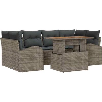 Image of vidaXL 7 Piece Garden Dining Set with Cushions Grey Poly Rattan Acacia
