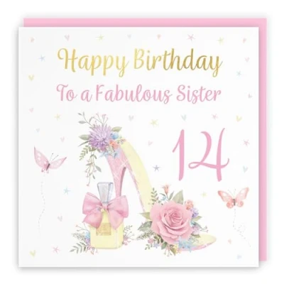 Image of Hunts England 14th Sister High Heel And Perfume Birthday Card Luxury Gold Foil Milo&#039;s Gallery Age 14 Butterflies, Flowers, Hearts Pretty For