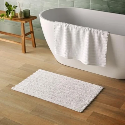 Image of Silentnight Ribbed Cotton Bathmat White Super Soft &amp; Absorbent 100% BCI Luxurious Deep Thick Textured Pile Non Slip Base 80 x 50cm Machine Washable,