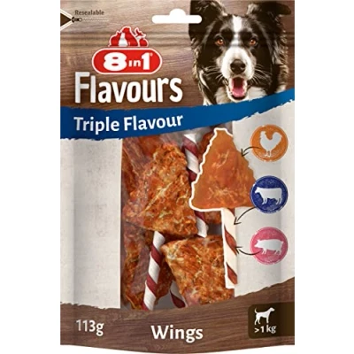 Image of 8in1 Triple Flavour Wings chew sticks for dogs extra meaty snacks, 113g bag