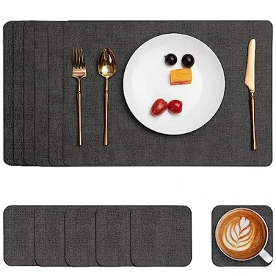 Image of Myir JUN Placemats and Coasters Set of 6, Place Mats Dual Sided Faux Leather Table PU Indoor Outdoor Heat Resistant Placemat Square Non Slip Wipeable Washable Dining Restaurant