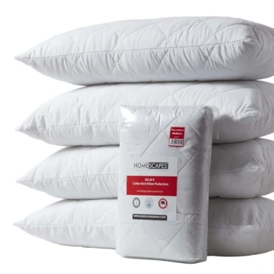 Image of HOMESCAPES Set of 4 Euro 40 x 80 cm Cotton Rich Quilted Pillow Protectors Oeko Tex Certified Hypoallergenic Continental European Size Covers with Diamond Quilting and Zip Closure