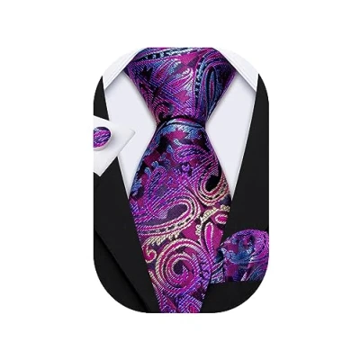 Image of Barry.Wang Paisley Tie Set Purple Silk Neckties for Men Handkerchief Cufflinks