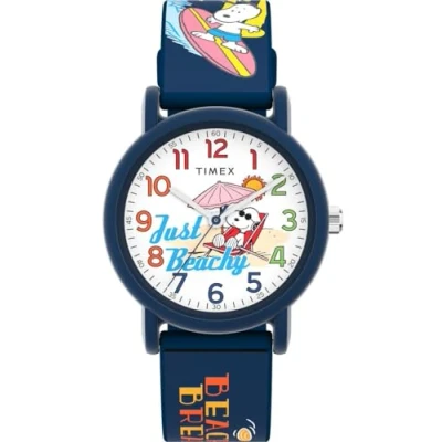 Image of Timex Unisex Peanuts Just Beachy 36mm Watch, Blue Silicone Strap White Dial Case