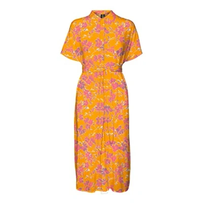 Image of VERO MODA Women&#039;s Vmmenny SS Calf Shirt Dress WVN Ga, Radiant Yellow/AOP: Mille, S