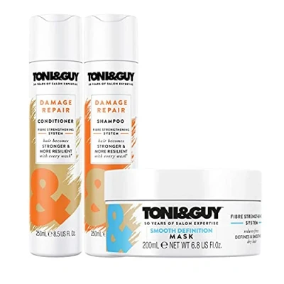 Image of Bundle of Toni &amp; Guy Smooth Definition Hair Mask 200ml, Damage Repair Conditioner 250ml, and Shampoo becomes Stronger More Resilient With Every Wash