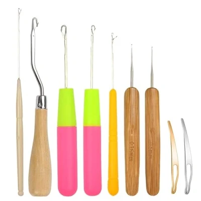 Image of 9 Pcs Bent Latch Hook Crochet Needle Set Dreadlocks Tool Hooks Hair Locking for Extensions Braid Carpet Making and Other Craft