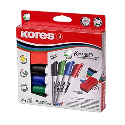 Image of Kores Coloured Whiteboard Marker Pens K XW2, Chisel Tip with Low Odour Ink Dry Wipe School Supplies, Office Supplies Pack of 5 4 Assorted Colours and 1 Magnetic Eraser