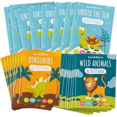 Image of THE TWIDDLERS 24 Mini Colouring Activity Books for Kids, A6 Size Learning Safari Dinosaur &amp; Sea Animals Children, Perfect Party Bags Birthday Favours Fillers Ages 4 8