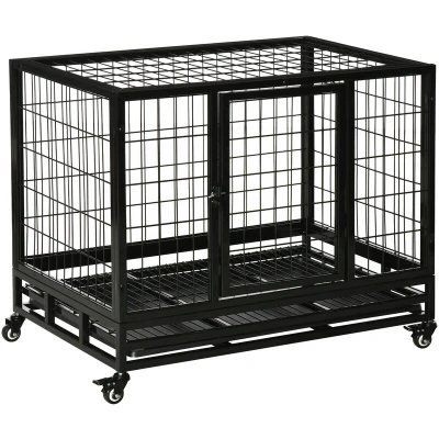 Image of PawHut 38&quot; Heavy Duty Metal Dog Kennel Pet Cage with Crate Tray and Wheels Black (Medium)