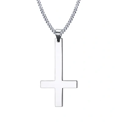 Image of VNOX Men&#039;s Women&#039;s Stainless Steel Inverted Upside Down Cross Necklace Pendant with Cuban Chain Silver,60cm
