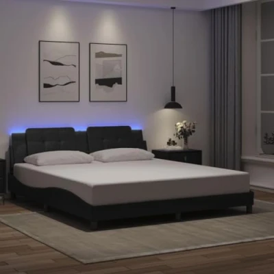 Image of vidaXL Super King Bed Frame with LED Lights 180x200 cm Grey Faux Leather Plywood Slats, USB Strip, Headboard