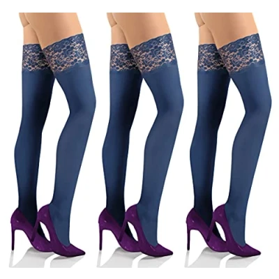 Image of Sesto Senso 3 Pack Womens Hold Ups Stockings 50 Denier Microfiber Opaque Sexy Lace Top Dark Blue 3/4 Marine