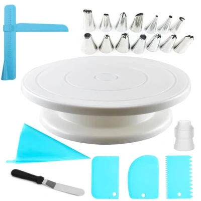Image of 11 Inch Cake Turntable, Plate Rotating Kits 22 PCS Stand Professional Birthday Decorating Kit with Scrappers, Spatulas, Stainless Steel Nozzles Piping Bags