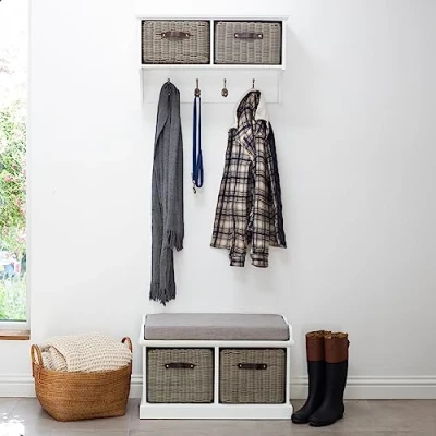Image of Tetbury White Hallway Set, 2 Seater Storage Bench, Hanging Shelf with Durable Grey Baskets and Cushion Seat, Fully Assembled Furniture (white G)