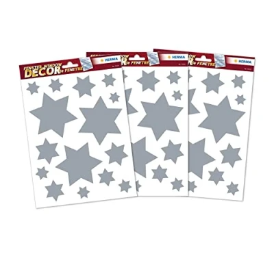 Image of HERMA 45 Christmas Silver Star Stickers for Windows with Glitter Effect, Reusable Xmas Decorations, Large Wall Decals Window Clings Kids and Children