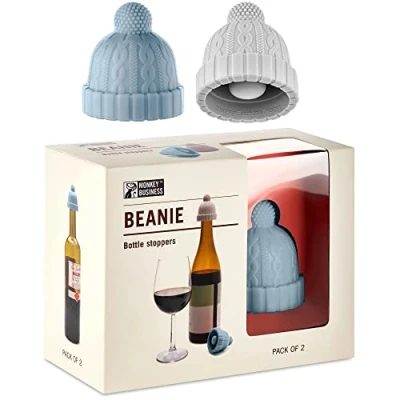 Image of Beanie Cap Silicone Bottle Stopper, Set of Two, Novelty Cork Replacement, Beverage Keeper, by Monkey Business (Blue/Gray; Red/Gray; See Color Options)