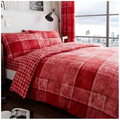Image of GC GAVENO CAVAILIA Denim Check Duvet Cover Double Bed, Breathable Tartan Bedding Sets Soft Reversible Checkered Quilt Bed Set, Red