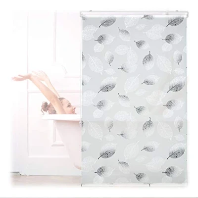 Image of Shower Roller Blind, Leaf Pattern, Flexible Mounting, Pull up Curtain for Bath &amp; Window, HxW: 100x240cm, Grey Relaxdays