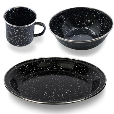 Image of Navoys Enamel Camping Mug, Bowl and Plate Black, Heat Resistant, Ideal Accessory for Camping, Picnic, Hiking, Fishing (1 &amp; Plate)