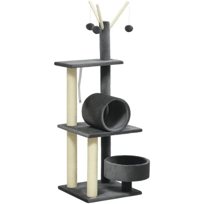 Image of PawHut 121cm Cat Tree Tower for Indoor Kitten Activity Centre with Bed Tunnel Grey