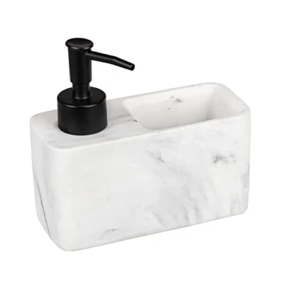 Image of WENKO Resa washing up liquid dispenser, kitchen soap dispenser in marble look with sponge compartment, refillable, capacity approx. 150 ml, 14.5 x 14.3 6 cm, white/black