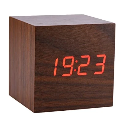 Image of Eboxer Wooden Digital Alarm Clock, Small LED Clock with Time/Date/Temperature, Sound Control for Kids (Boy and Girl), Home, Office, Cube(Brown)
