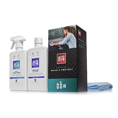 Image of Autoglym Bodywork Wash and Protect 4 Piece Car Cleaning Kit For Exteriors, Care Gift Set Includes Foaming 500 ml, Rapid Aqua Wax (2) Microfibre Towels