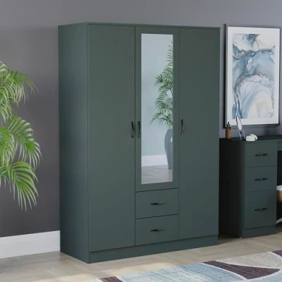 Image of Vida Designs Riano Wardrobe, With Shelf &amp; Hanging Rail Bedroom Storage Furniture (Jasper Green, 3 Door Mirrored)