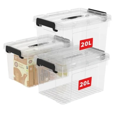 Image of Cetomo 20L*3 Storage Boxes, Carry Plastic Box with Lids, Organizing Container Handle and Secure Latching Buckles, Stackable, Nestable, Tote Bin for Home Office Clothes, 20L 3Pack, Clear