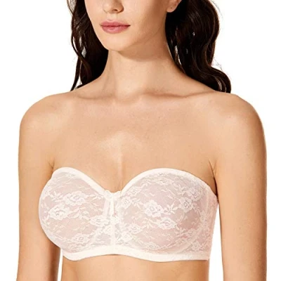 Image of DOBREVA Women&#039;s Strapless Bras See Through Sheer Lace Non Padded Underwired Multiway Bra Rose White 34E