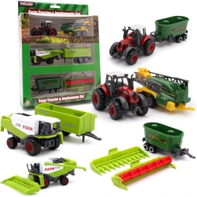 Image of Toyland® Pack of 6 Die Cast Metal Farm Tractor &amp; Implements Set Approx. 5cm 4 Assorted Designs 1 Chosen at Random