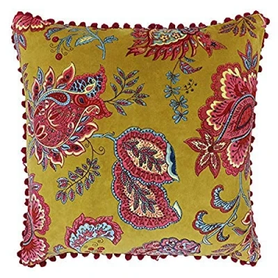 Image of Riva Paoletti Malisa Square Polyester Filled Cushion Yellow Paisley Indian Print Faux Velvet Fabric Pink Pompom Edges Machine Washable 100 (20&quot; x 20&quot; inches), Cotton, Lemon Curry, 50 50cm