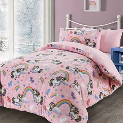 Image of LIZZIE JACOBS New Unicorn Pattern Teddy Bear Fleece Super Soft Warm Cosy Kids and Adults Duvet Cover Sets Quilt Covers Bedding NZ (Double, Unicorn)