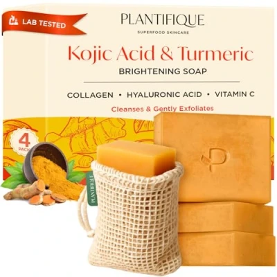 Image of PLANTIFIQUE Kojic Acid Soap for Hyperpigmentation, Turmeric 4 Bars, Hyaluronic Acid, Collagen, Vitamin C