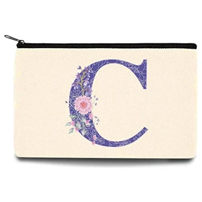 Image of 26 Letter Printed Zip Canvas Pouch Makeup Bag Make Up Bag, Cosmetic Travel Bag,Toiletry Bag,Organizer Bags,Toiletry Bags, Bride Bridesmaid Bag,Pencil Bag,Wash Bag,Coin Purse (Purple Flower C)