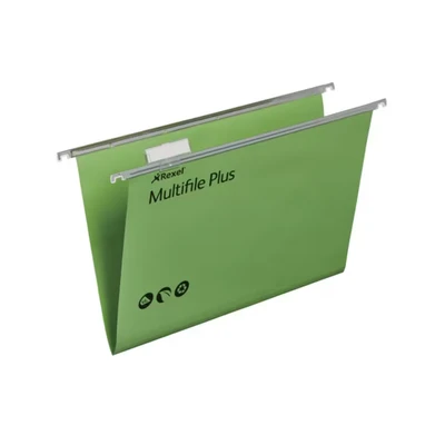 Image of Rexel Foolscap Suspension Files with Tabs and Inserts for Filing Cabinets, 15 mm V base, 100 Percent Recycled Manilla, Assorted Colours, Multifile Plus, Pack of 10, 92807
