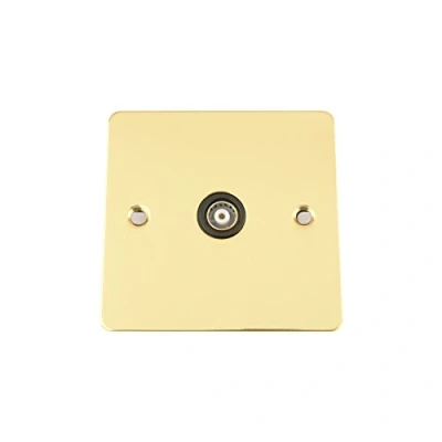 Image of TV Coaxial Aerial Socket Single 1 Gang Flat Polished Brass Black Insert