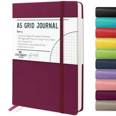 Image of STATIONERY ISLAND A5 Squared Notebook, Graph Paper Notebook with 120gsm Premium Thick Paper, 180 Pages Hardback Grid for Planning, Diary, Journaling