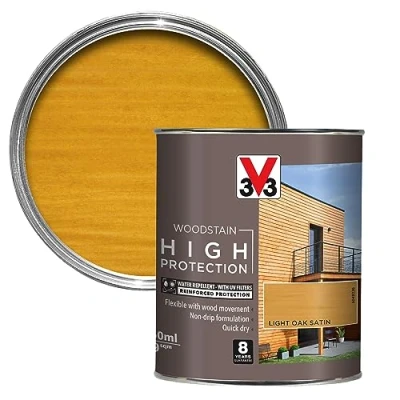 Image of V33 High Protection Woodstain Light Oak 750ml 8 Years Guarantee with UV Filters Water Repellent Non drip Formulation Felxible Quick Dry Only 2 Coats Needed