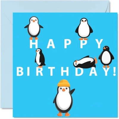 Image of Fun Birthday Cards for Women Men Cartoon Penguin Happy Card Brother Sister Son Daughter Mum Dad Auntie Uncle, 145mm x Animal Bday Greeting