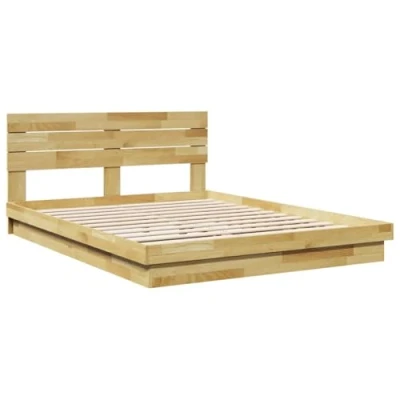Image of vidaXL Bed Frame with Headboard Solid Oak Wood, Double Size 150x200 cm, Modern Bedroom Furniture under Storage