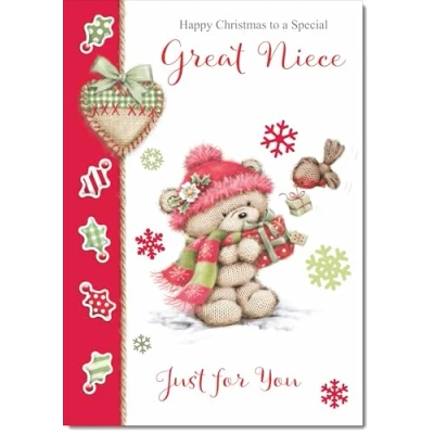 Image of doodlecards Great Niece Christmas Card Cute Bear with Red Hat Medium Size Plain Envelope, 21 x 15cm
