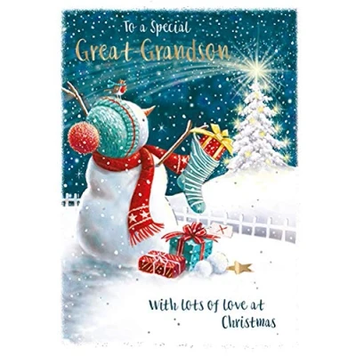 Image of Great Grandson Christmas Card from Ling Design Snowman, a Star for the Tree Foil Finish