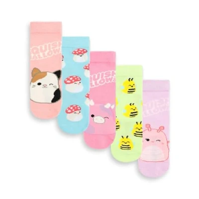Image of Squishmallows Girls Socks Set of 5 Childrens Multicoloured Character Calf with Logo Graphic Print Kids Pack Malcom the Mushroom &amp; Sunny Bee Plush Toy Merchandise Gift